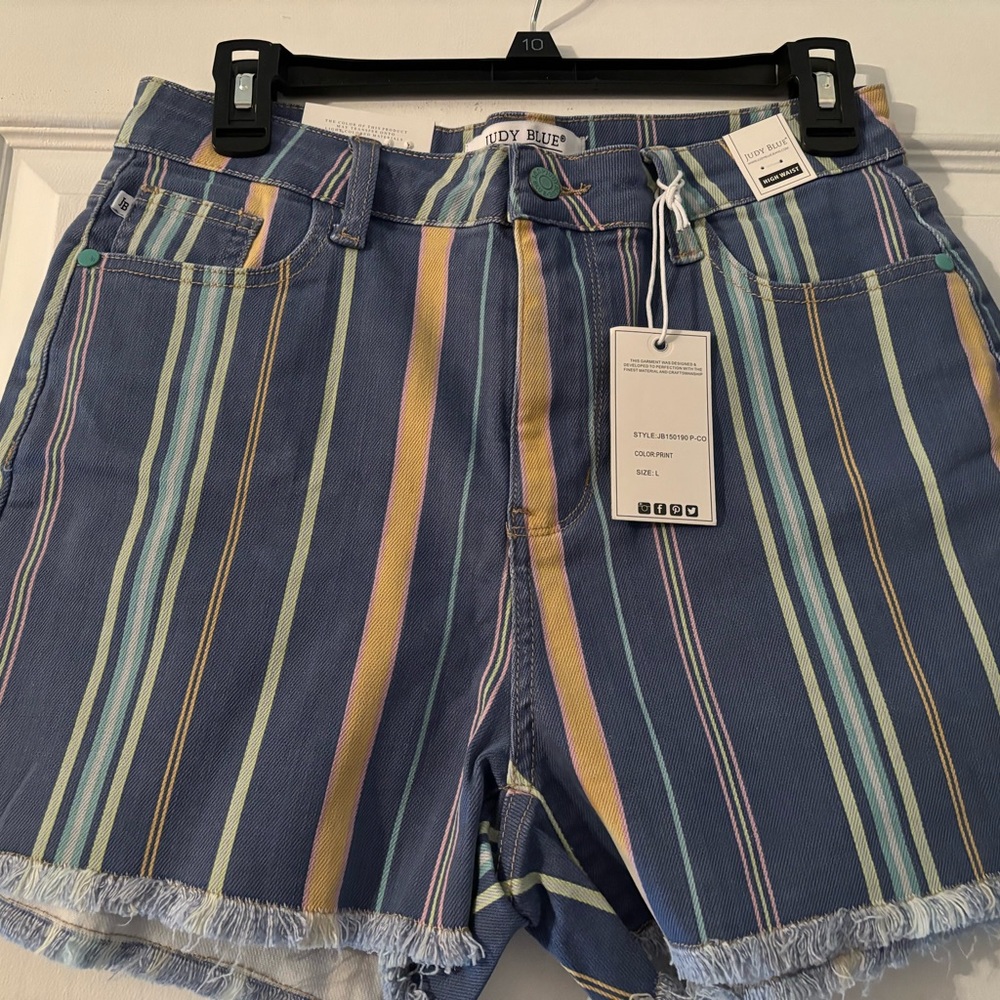 Judy Blue Multicolor Striped Denim Shorts - Blue, Yellow, Green